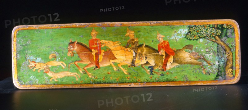 Indian writing set with painted cover depicting Colonel Younghusband on horseback, accompanied by a staff officer and interpreter