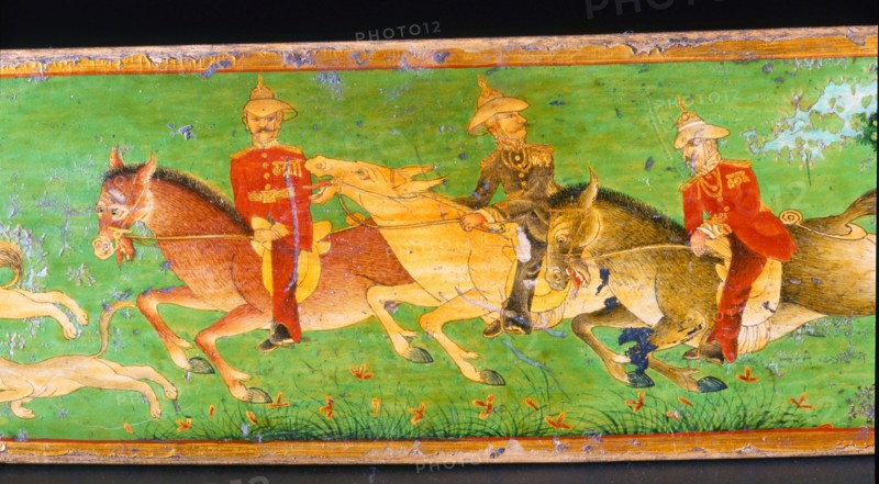 Indian writing set with painted cover depicting Colonel Younghusband on horseback, accompanied by a staff officer and interpreter
