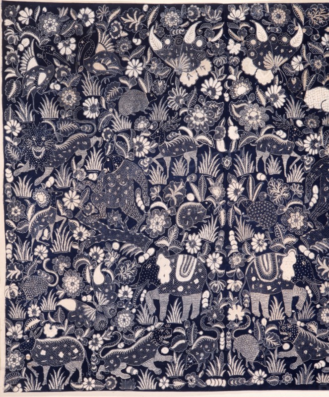 A batik kain (long cloth usually worn as a wrapper) with a design of elephants, lions, deer and other wild animals