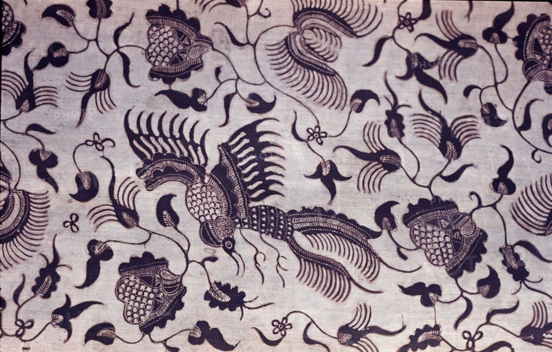 Detail of a silk batik slendang (shawl) with a design of birds and flowers in a pattern known as Morning Freshness used for slendang intended as wedding gifts