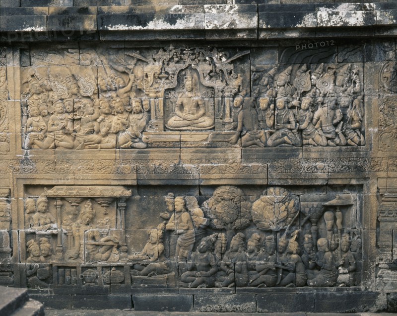 The reliefs on the terraces of Borobudur depict scenes from the life of the Buddha