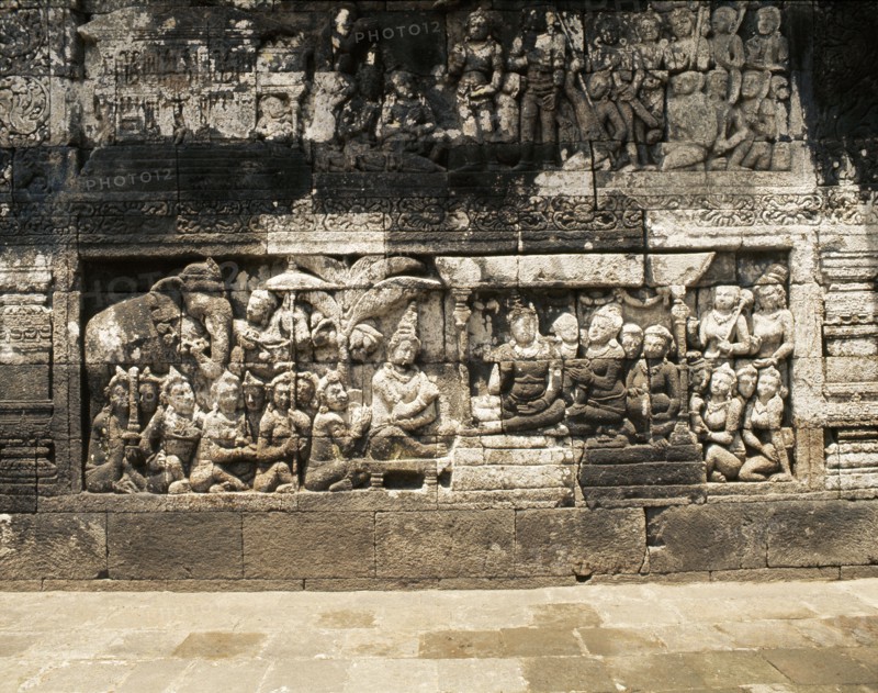 The reliefs on the terraces of Borobudur depict scenes from the life of the Buddha