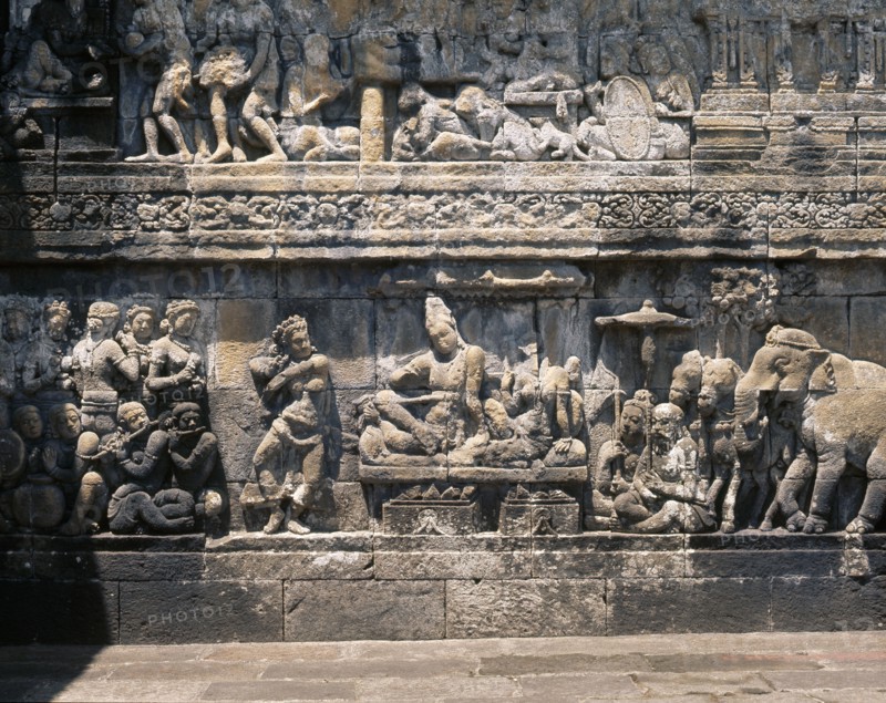 The reliefs on the terraces of Borobudur depict scenes from the life of the Buddha
