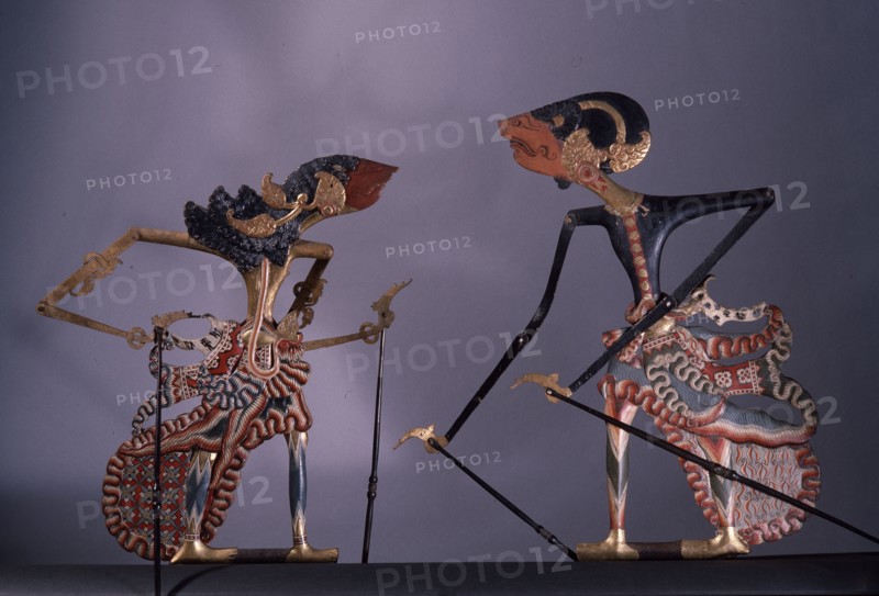 A pair of wayang kulit shadow puppet used in popular all night performances, usually based on ancient Hindu epics such as the Ramayana