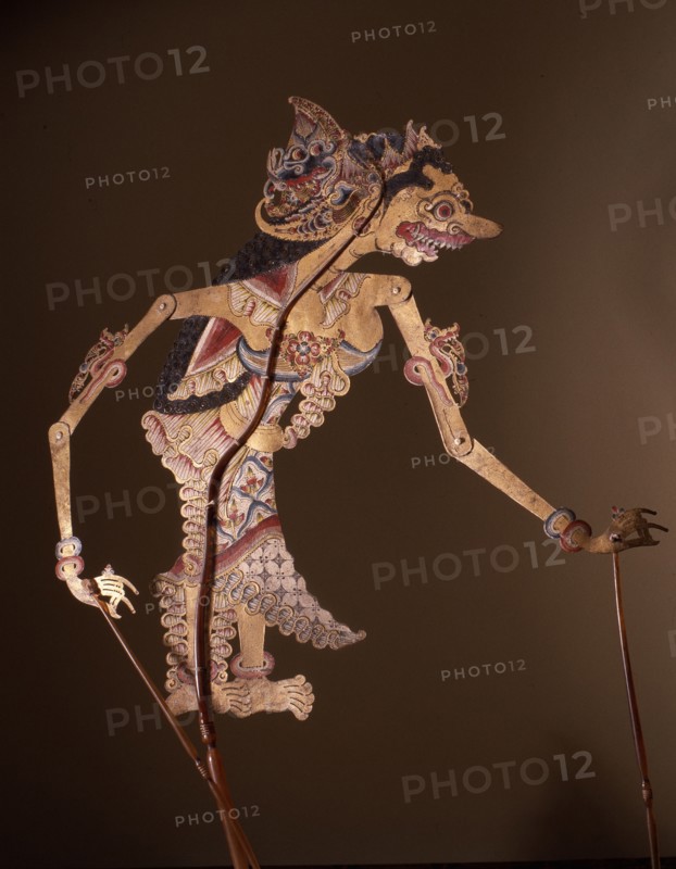 A wayang kulit shadow puppet used in popular all night performances, usually based on ancient Hindu epics such as the Ramayana