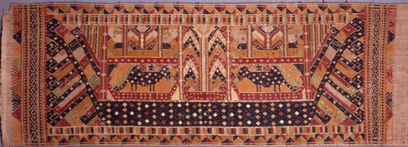 Large boats carrying people, animals, banners, and shrines, were common on a range of complex supplementary weft textiles from Lampong