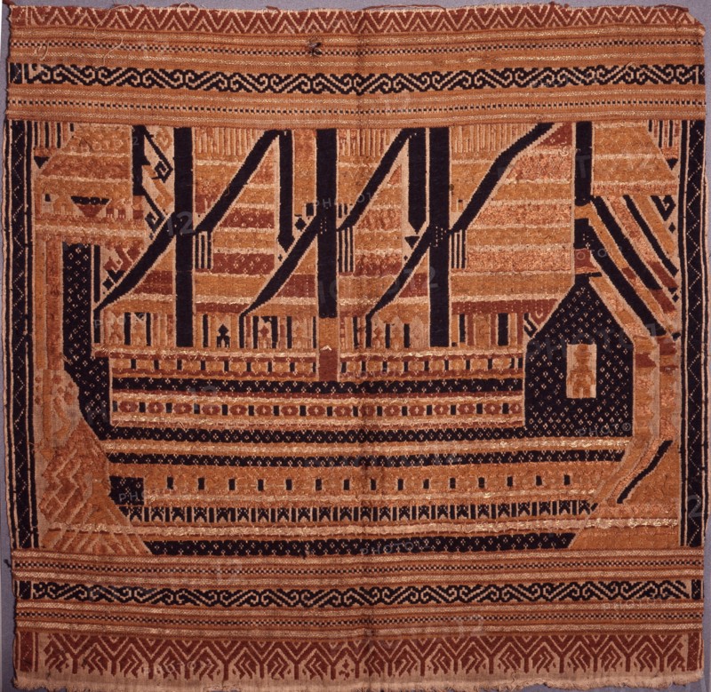 Large boats carrying people, animals, banners, and shrines, were common on a range of complex supplementary weft textiles from Lampong