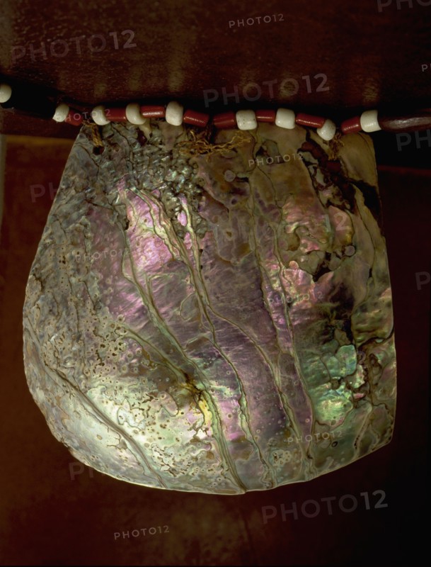 Maidu abalone shell pendant and trade bead necklace on native vegetal fibre