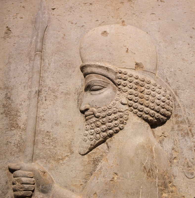 A detail of a relief carving on the staircase leading to the Tripylon at Persepolis, depicting a Mede