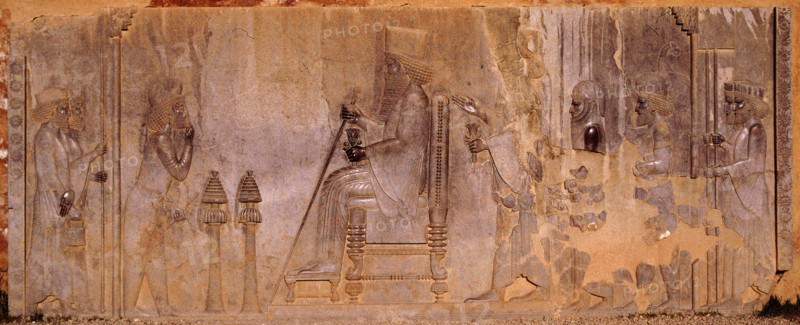 Relief depicting an enthroned Darius I receiving a Median dignitary