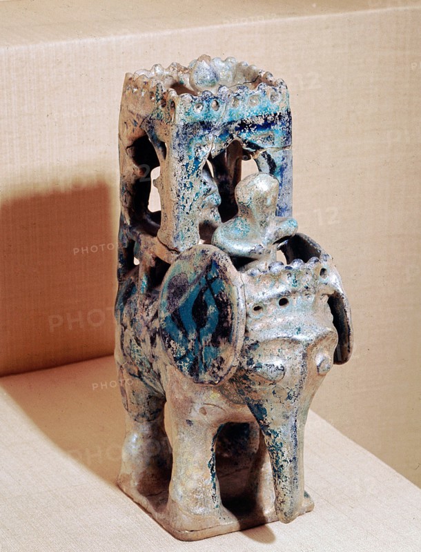 Incense burner with blue iridescent glaze in the form of an elephant