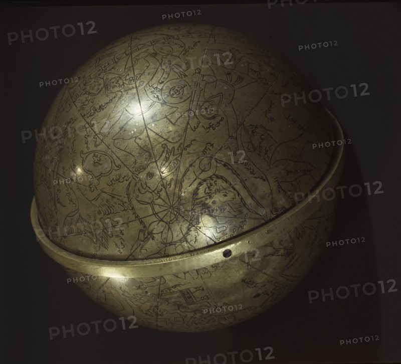 Bronze celestial sphere engraved with constellations and with stars inlaid in silver