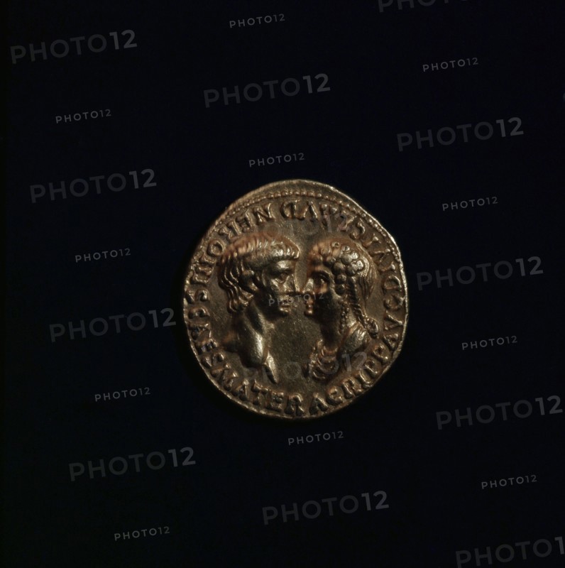 A coin minted in Rome showing busts of Nero and Agrippina facing