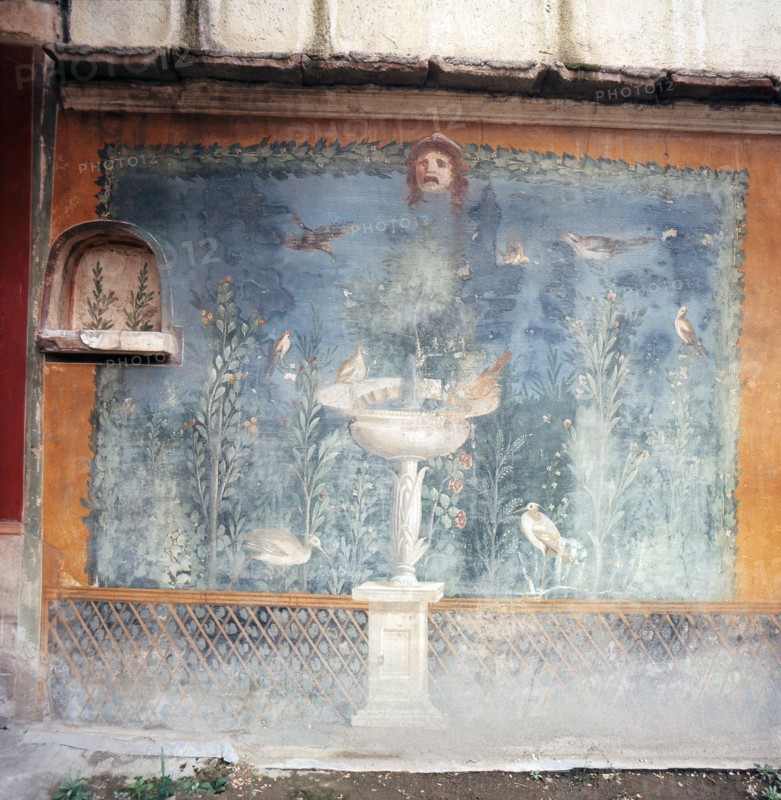 Fresco from the House of the Venus Marina showing birds drinking from a marble bowl on a pedestal