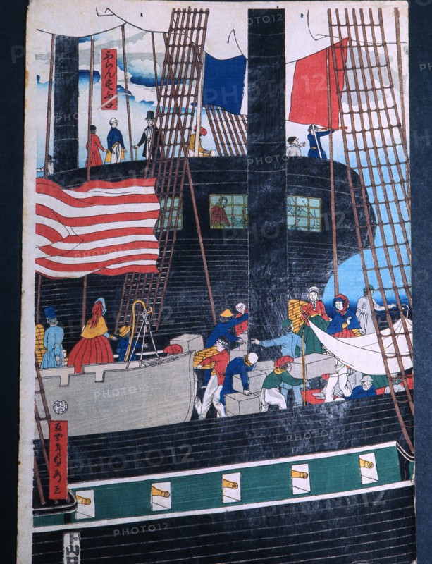 A print by Sadahide from a series published in 1860, showing foreign vessels off Yokohama