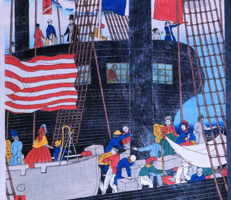 Detail of a print by Sadahide from a series published in 1860, showing foreign vessels off Yokohama