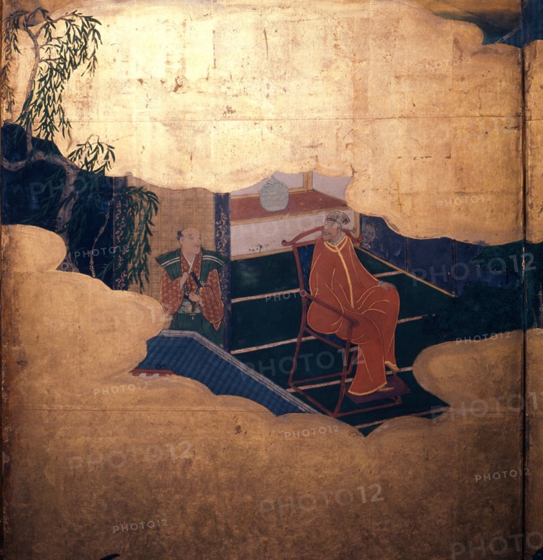 Detail of a screen depicting Jesuit priests and Portuguese merchants