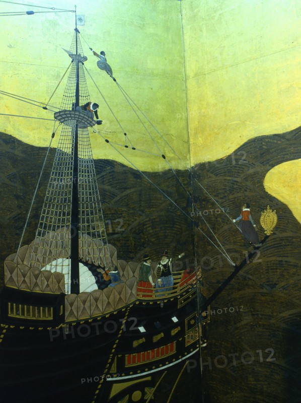 Detail from a folding namban jin or southern barbarian screen depicting a harbour scene recording the arrival of exotic looking Portuguese merchants in Japan