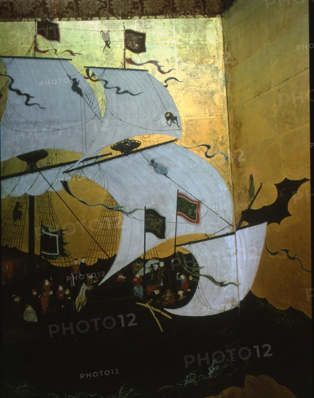 Detail from a folding screen depicting Portuguese merchants in Japan