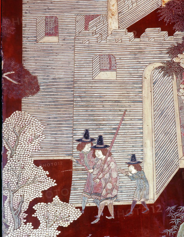 Detail of a lacquer screen which depicts the exploits of the Portuguese in China
