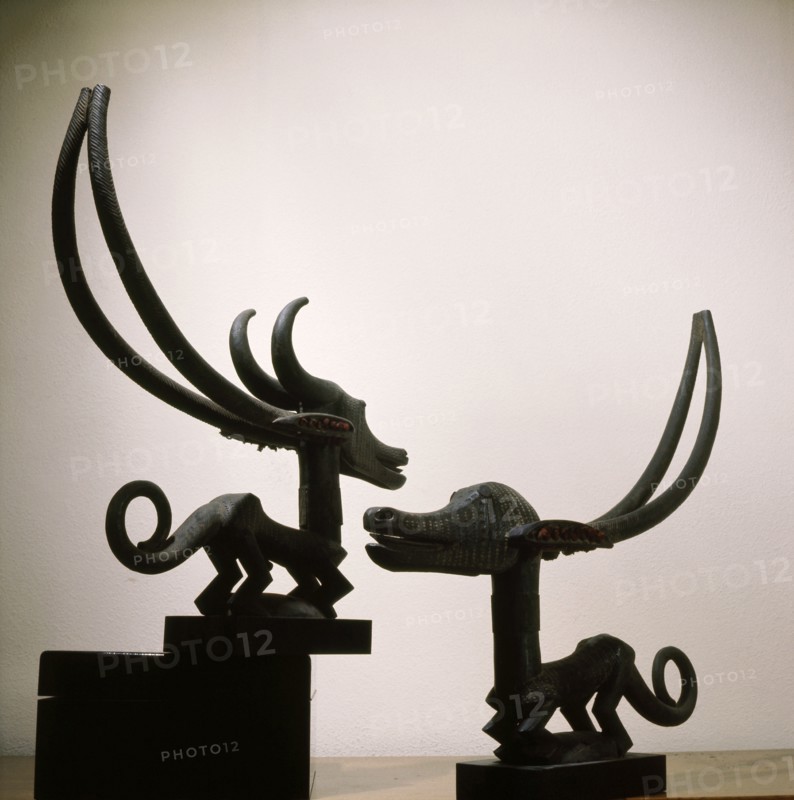 Chi Wara, depict a mythical hero combining aspects of man and antelope who taught men to till the fields