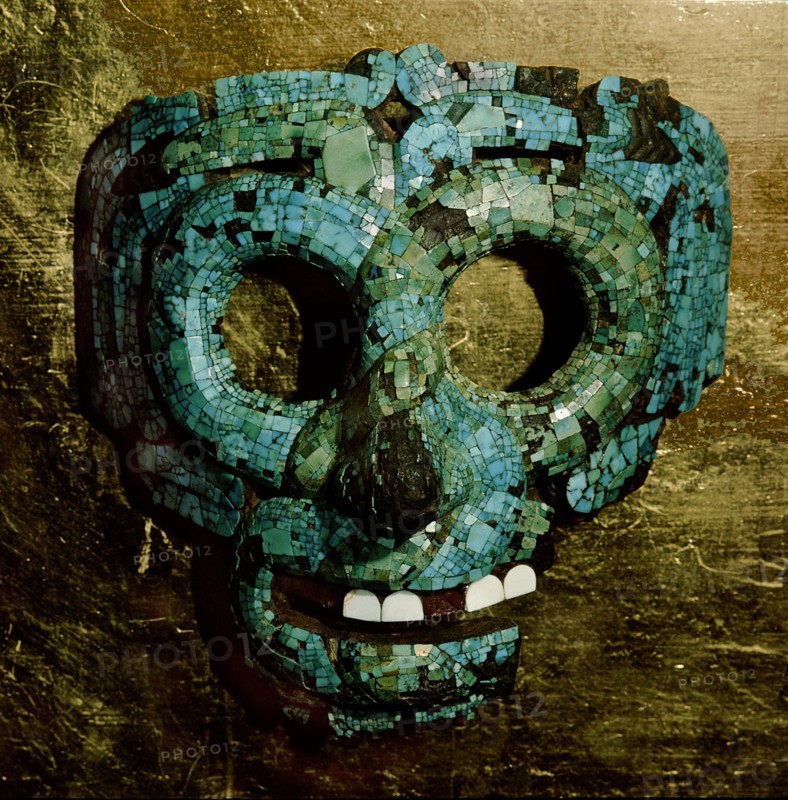Turquoise and shell encrusted mask of Quetzalcoatl, the Feathered Serpent