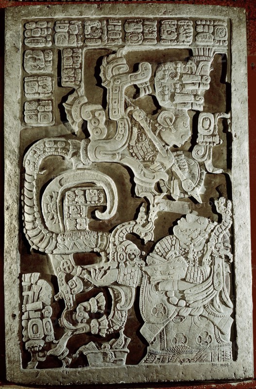Lintel 25 of Yaxchilan Structure 23, showing accession rituals of the ruler Shield Jaguar ( Itzamnaaj Balam II )