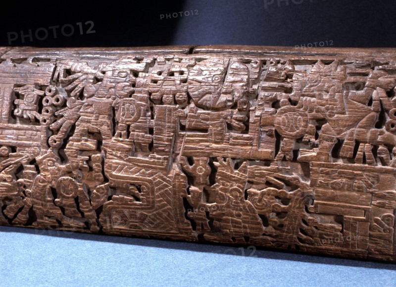 Detail of the intricate carving on a teponaztli or two toned drum