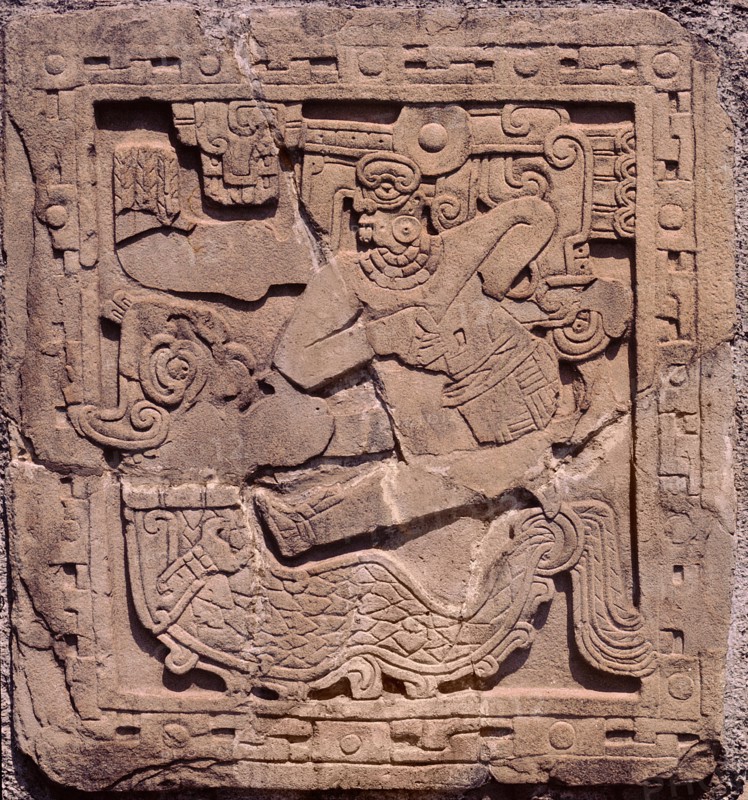 Relief from Tajin showing the rain god, Tlaloc, riding on the Earth Monster