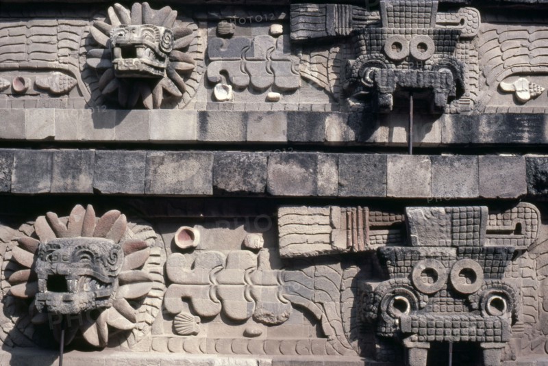 Detail of frieze depicting Quetzalcoatl and Tlaloc located on the front of the Quetzalcoatl pyramid