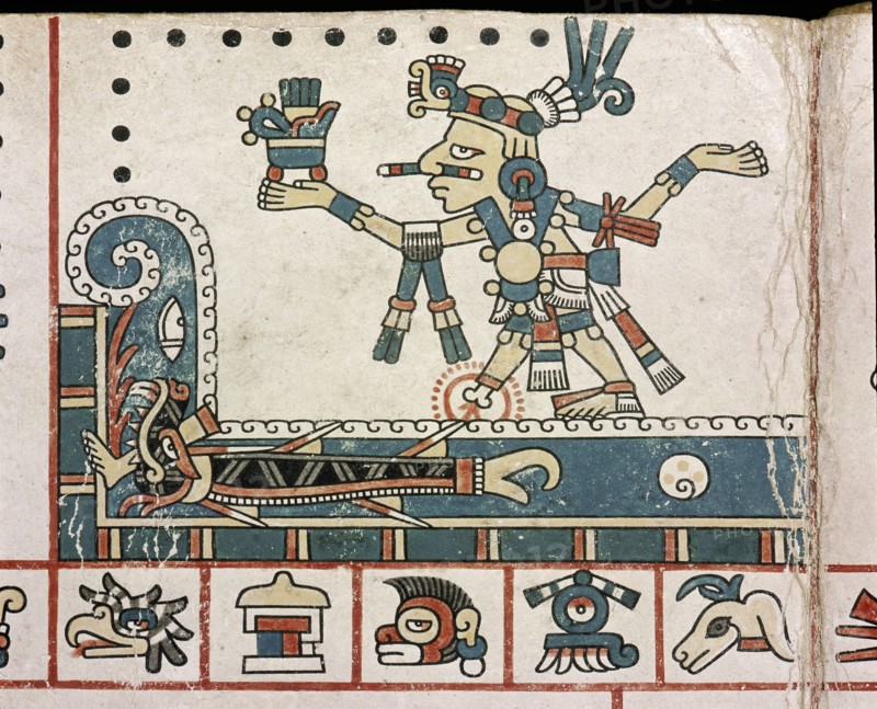 A panel from the Codex Fejervary Mayer shows how Tezcatlipoca tempted the Earth Monster to the surface of the great waters by using his foot as bait