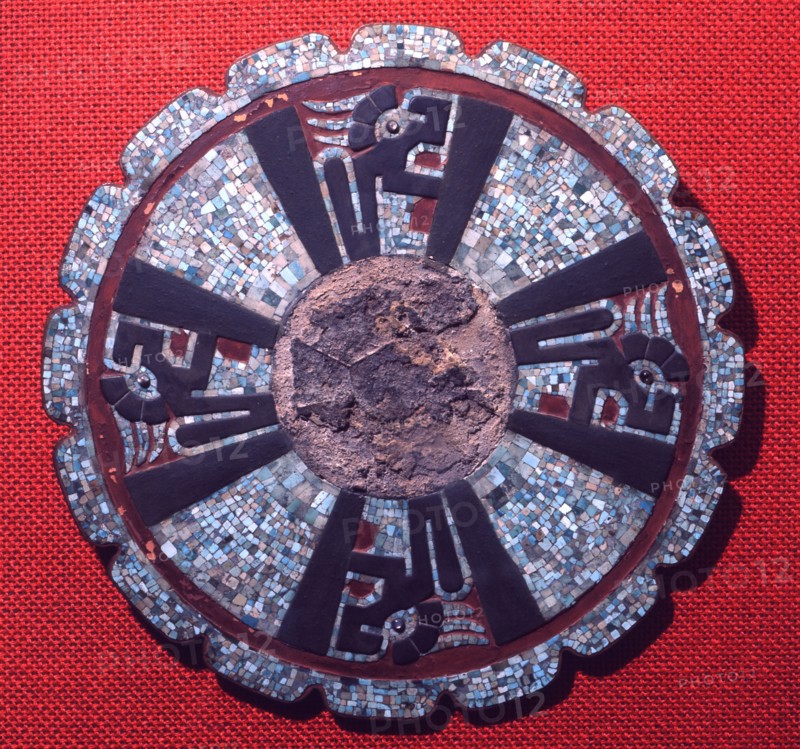 Disc with mosaic of turquoise, shell & flint