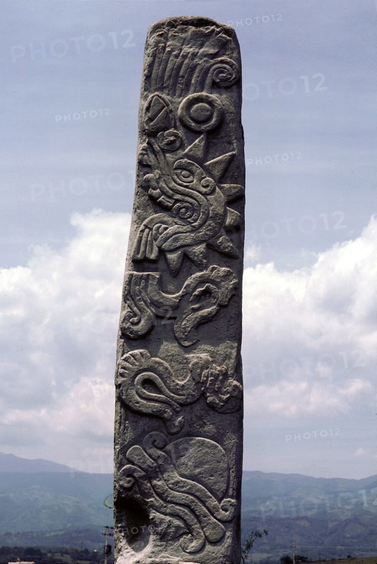 Stele carved with symbols of a sacrificial heart and Earth Monster