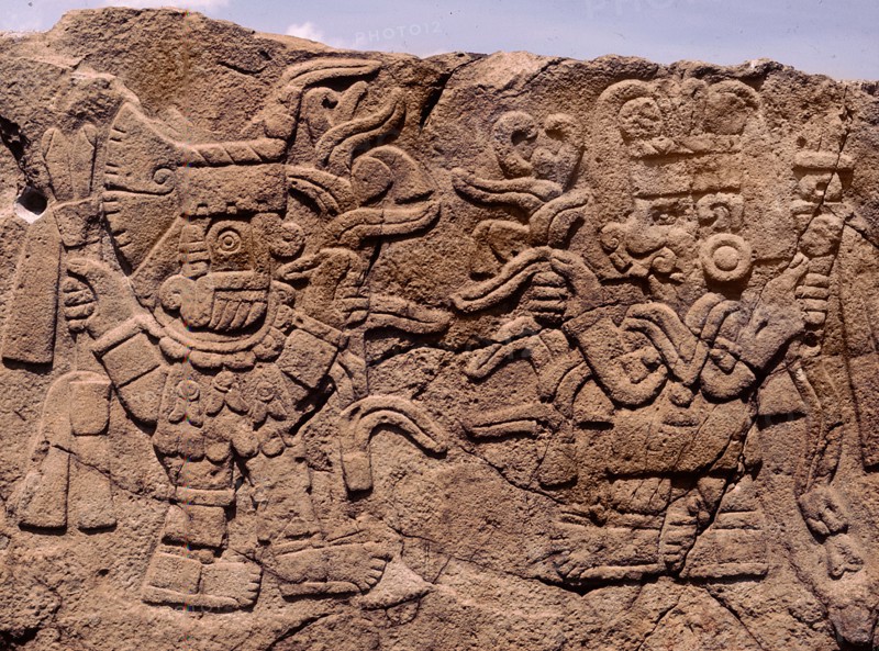Relief showing Tlaloc, the rain god bringing blessings to the maize goddess