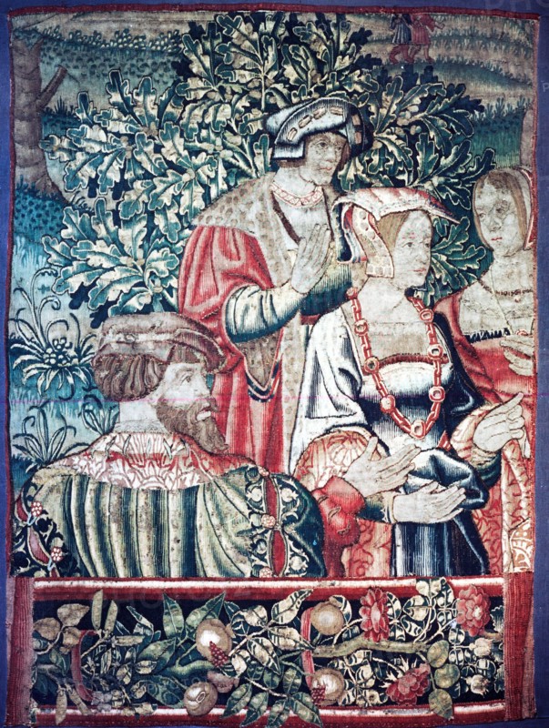 Fragment of a larger tapestry depicting a group of men and women with an oak tree