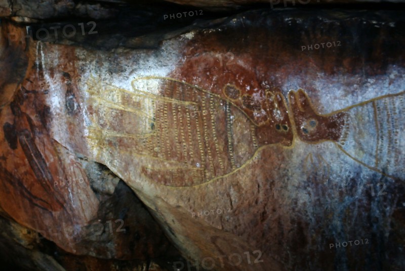 Aboriginal rock painting of human animal spirits from the Kimberley region