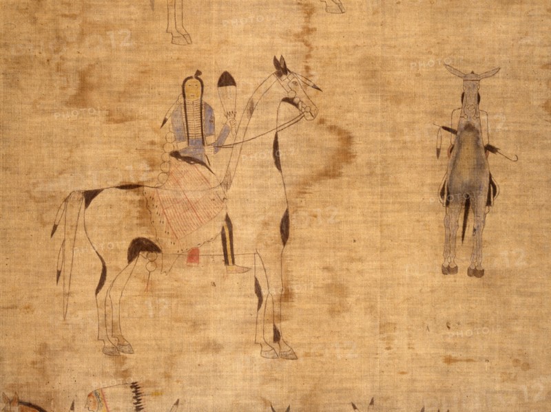 A cloth painting depicting a parade, a Sun Dance ceremony and scenes from daily life
