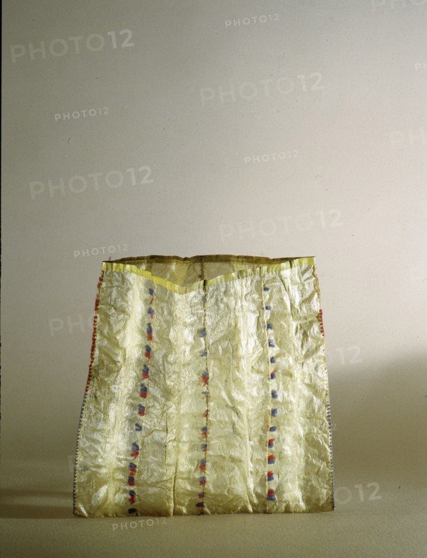 Storage bag made from strips of walrus intestine decorated with coloured pieces of cloth obtained from Russian traders
