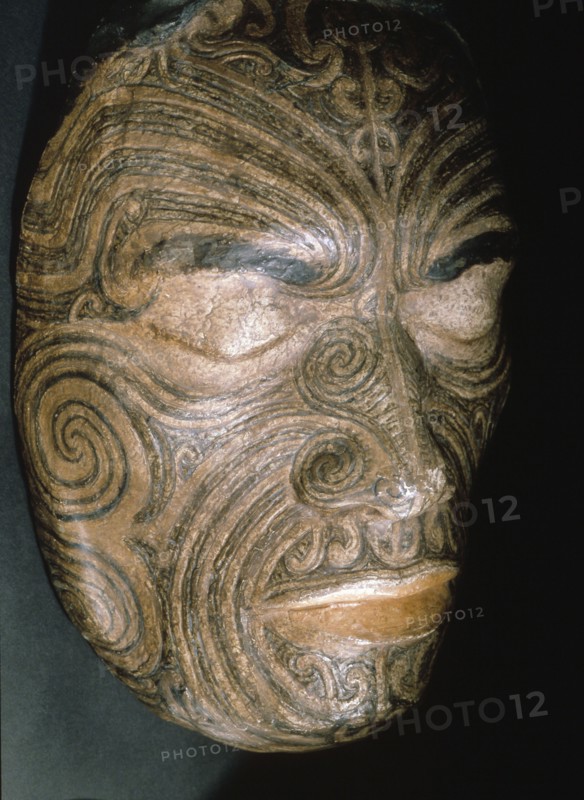 Life mask taken in 1854 for Sir George Grey of Chief Tapua Te Whanoa of the Ngati Whakaue hapu of the Rotorua region, showing the full facial moko design produced with a small bone adze dipped in liquid charcoal