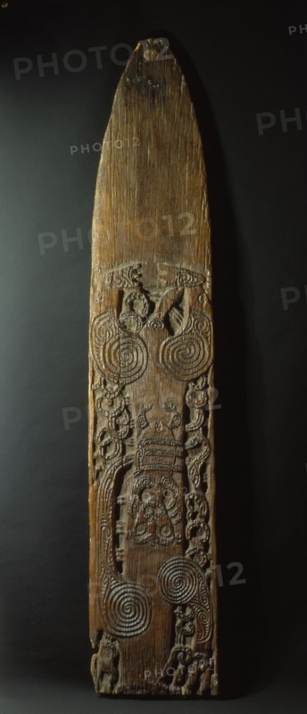Pohu, or war gong, fashioned from a hollow tree, leaving a suspended tongue of plain wood at the base to be struck