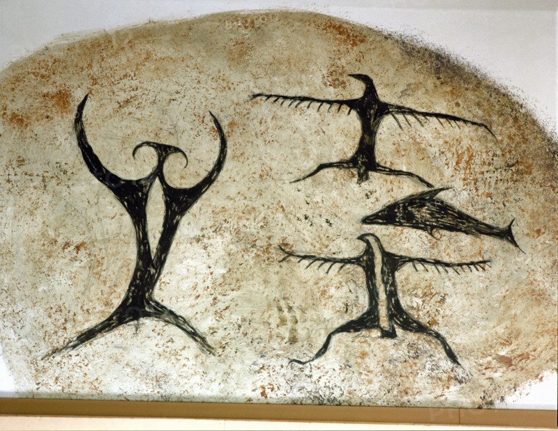 A reconstruction of an early Maori rock drawing, from a limestone shelter, of a fish with several bird like figures