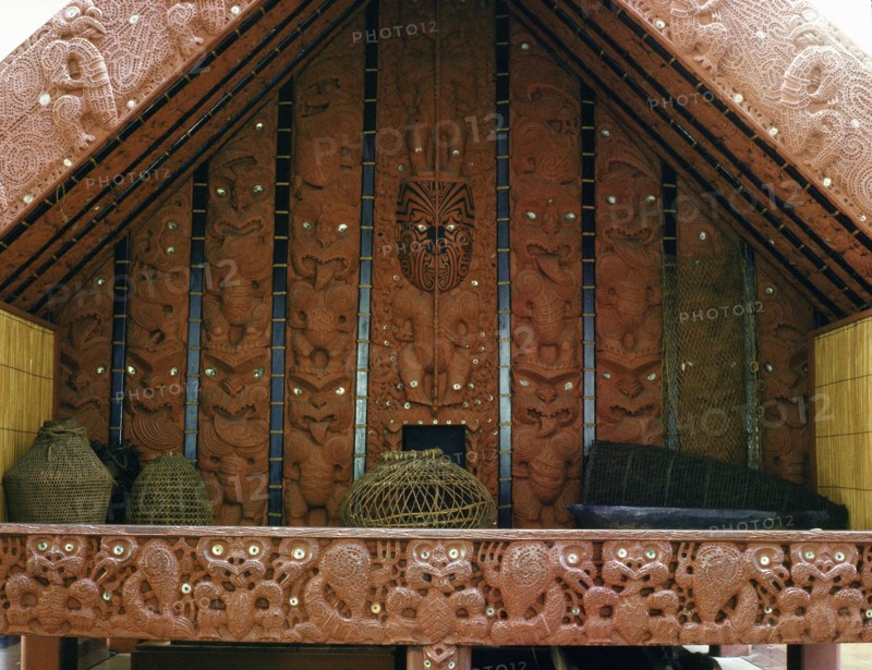 Front view showing interior of the storehouse, pataka, Te Puawai O Te Arawa, one of the last great storehouses