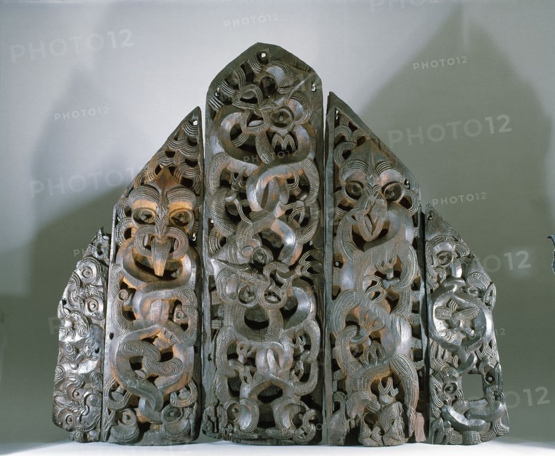 Five carved wooden end panels from a storehouse