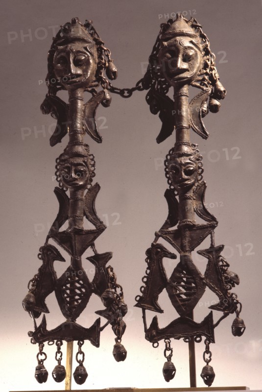 Paired brass staffs, known as edan ogboni which served as insignia for the senior men and women of the Ogboni society