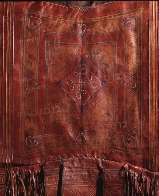 Leather camel saddle bag from Mauretania, work of the nomadic Berber Moors who roamed the arid semi desert country north of the Senegal River