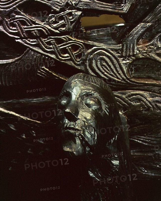 Carved figurehead from the cart found in the Oseberg ship burial