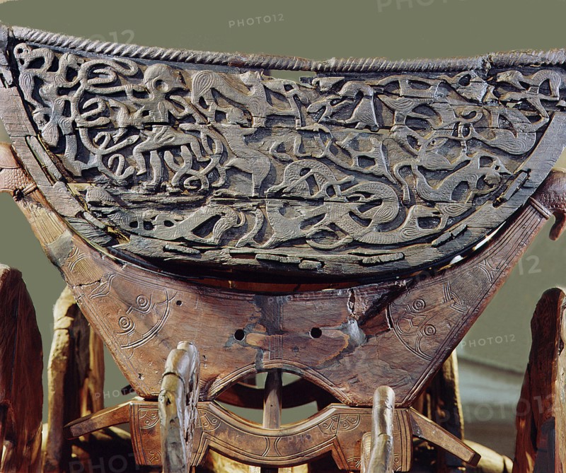 A detail of the decorative carving on the Oseberg cart