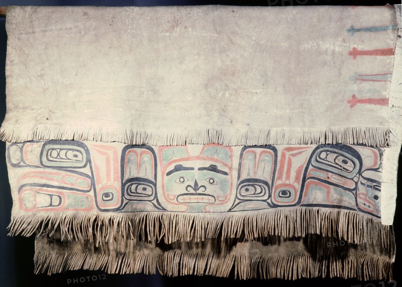 Haida Chiefs caribou skin ceremonial robe with design shapes similar to those of Chilkat weaving