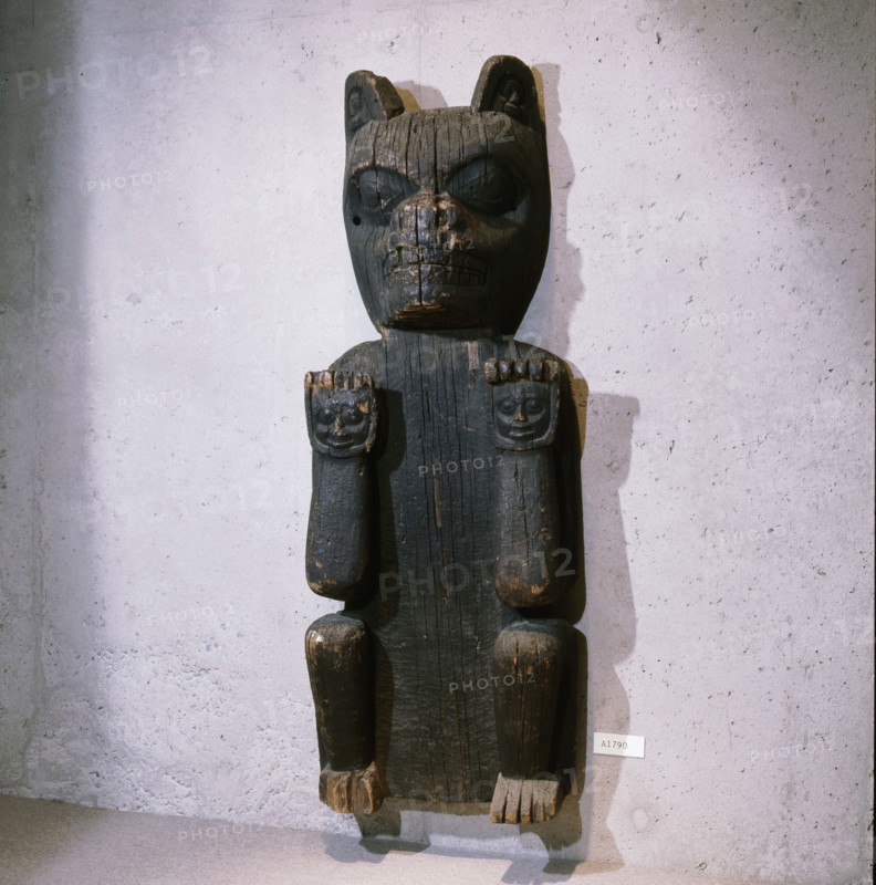 Carved house post which relates to the mythological tale of Bear mother