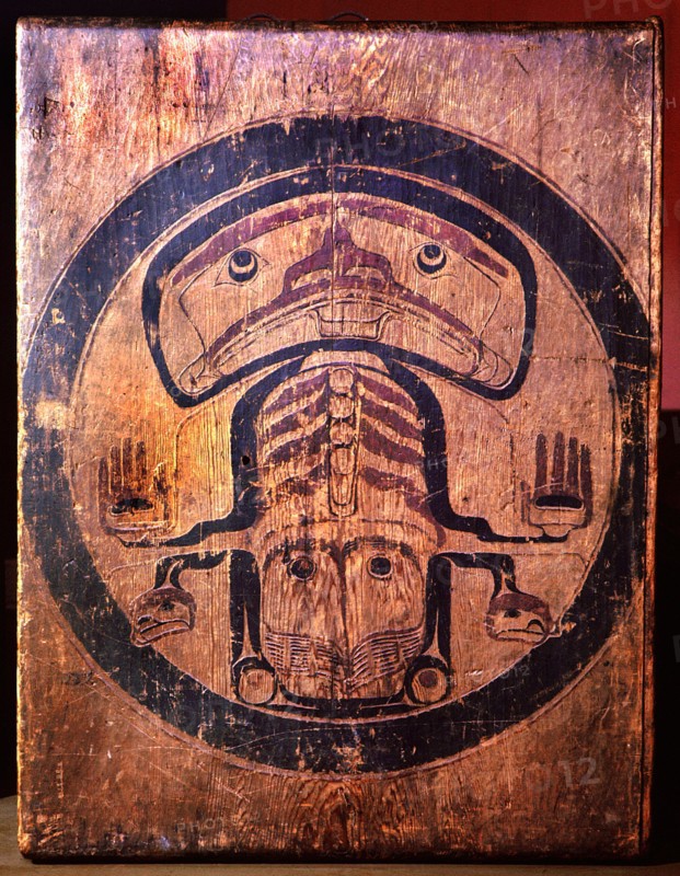 Detail of a box drum which would have been suspended from the house rafters when in use, with a killer whale design painted on both sides